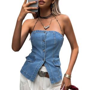 NWT Cicy Bell Women’s Light Wash Denim Strapless Vest Button Down Top Large